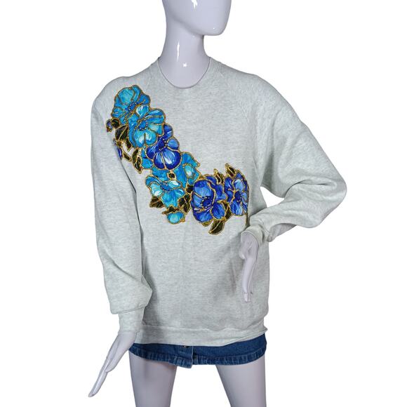 Vintage Single Stitch 90s Puffy Paint Handmade Sweatshirt Large Gray Floral - Picture 1 of 8